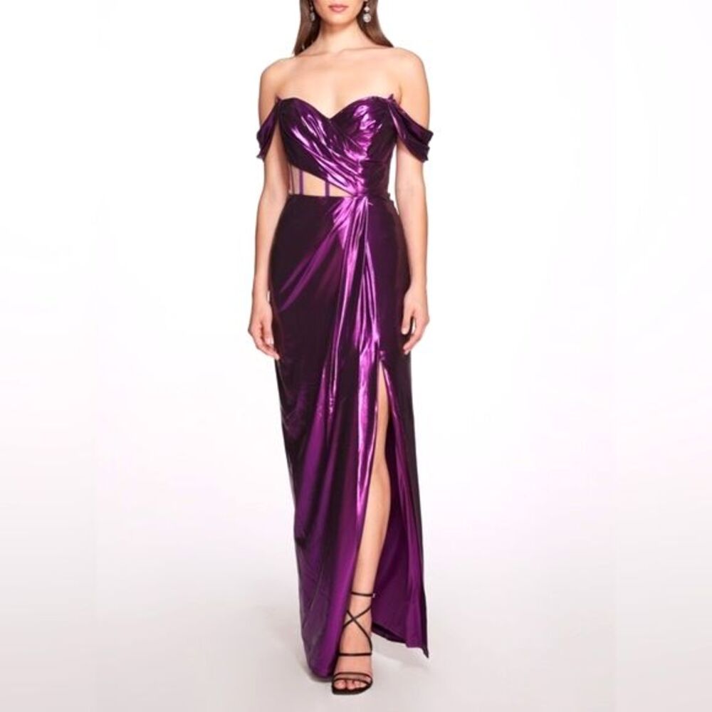 NWT Marchesa Off Shoulder Amethyst Lamé Gown Maxi With Draped Bodice Size 14 NEW